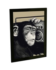 Quadro Decorativo A4 Macaco Chimpanzé Ouvindo Música - Moldura Pronta para Pendurar - imagem 2