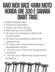 Raio Inox Bace 4mm para Honda XRE 300 e Sahara: Durabilidade e Performance Dianteira e Traseira - imagem 3