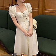 Vestido Lovito Elegante com Botão e Plissado - imagem 2