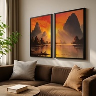 Kit 2 Quadros Decorativos Paisagem Laranja Pôr do Sol Montanhas Calma Natureza Sala Decorativa com Moldura - imagem 3
