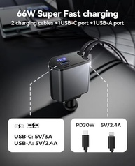 Carregador Retrátil 4 em 1 para Carro: Carga Rápida PD 3.0 e 2 Portas USB - imagem 5
