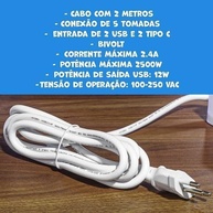 Régua de Energia Inteligente: 4 Tomadas, 2 USB e 2 Tipo-C com Cabo de 2m - Potência 2500W (Branco) - imagem 3