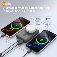 Basike Power Bank 10000mAh: Carregador Portátil Universal por Indução 15W, Suporte Dobrável e Compatível com MagSafe (Cinza) - imagem 5