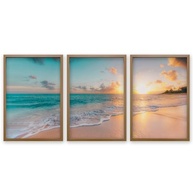 Quadro Triplo de Arte 3 Telas - Paisagem Mar e Praia ao Pôr do Sol | Moldura de Madeira com Vidro | 60x90 cm - imagem 4