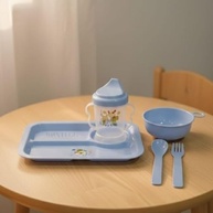 Kit Alimentação Infantil 5 Peças com Prato, Tigela, Copo e Talheres - Seguro e Prático para Bebês (Azul) - imagem 3