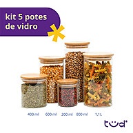 Kit 5 Potes de Vidro com Tampa de Bambu Herméticos - Armazenamento Elegante e Prático - imagem 2