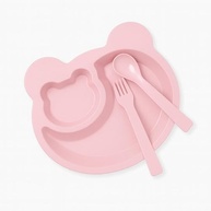 Kit Introdução Alimentar Bebê em Fibra de Trigo - Prato Ursinho com Colher e Garfo Antiderrapante Rosa - imagem 2