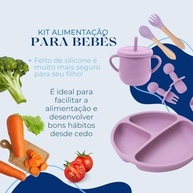 Kit Alimentação Infantil em Silicone Azul - Prato com Ventosa, Talheres, Tigela, Copo e Babador Seguro - imagem 3