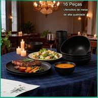 Conjunto de Jantar 16 Peças em Preto e Branco - Pratos e Tigelas Reutilizáveis para Micro-ondas - imagem 2