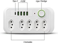 Régua de Energia Premium: 5 Tomadas, 4 USB + 1 USB-C, Cabo 2m, Bivolt e Carregamento Inteligente - imagem 2