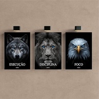 Kit 3 Quadros Decorativos Leão Motivação Disciplina Execução Foco Premium 40x28cm - imagem 5