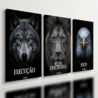 Kit 3 Quadros Decorativos Leão Motivação Disciplina Execução Foco Premium 40x28cm - imagem 2