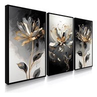 Kit 3 Quadros Decorativos Luxo Flor de Luz Ouro Preto - Sala e Hall Premium - imagem 2
