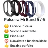 Kit 5 Pulseiras Compativel MI Band 5 e 6 Cores Preta Azul Vinho Marsala Cinza e Branco Silicone Com Pino Resistente Smartband - imagem 3