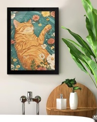 Quadro Decorativo de Gato com Estampa Floral Laranja - 15x20cm | Decoração de Parede Estética para Banheiro e Cômodos - imagem 2