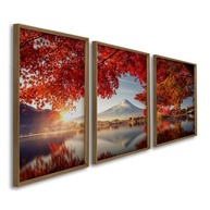 Quadro Decorativo Triplo Monte Fuji com Folhas Vermelhas - 3 Telas em Madeira 60x90cm com Vidro - imagem 1