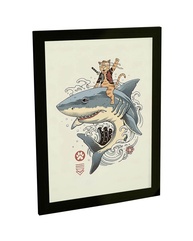 Quadro Decorativo Gato e Tubarão Estilo Anime - Moldura Pronta para Decoração Moderna - imagem 1
