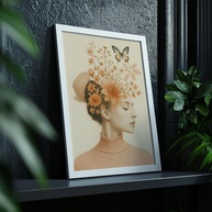 Quadro Decorativo Mulher com Flores e Borboleta - Arte Feminina Elegante em Tons Pastel para Parede Moderna - imagem 1