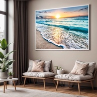 Quadro Decorativo com Moldura - Paisagem de Ondas e Pôr do Sol | Impressão 4K para Sala e Quarto - imagem 1