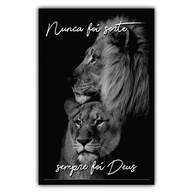 Quadro Decorativo 90x60 Moldura Casal Leões Nunca Foi Sorte - Madeira Premium Preto - imagem 1