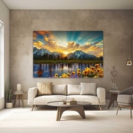 Quadro Decorativo Montanhas com Girasol 90x60cm - Paisagem em Tecido para Sala, Quarto e Escritório - imagem 2
