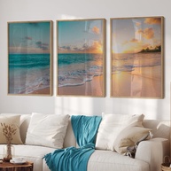 Quadro Triplo de Arte 3 Telas - Paisagem Mar e Praia ao Pôr do Sol | Moldura de Madeira com Vidro | 60x90 cm - imagem 1