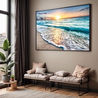 Quadro Decorativo com Moldura - Paisagem de Ondas e Pôr do Sol para Sala e Quarto - imagem 1