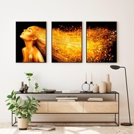 Quadro Decorativo Trio Mulher Cabelo Gold 60x40cm - Moldura Preta para Sala e Quarto - imagem 2