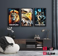 Quadros Decorativos Disciplina Execução Foco Leão - Kit 3 Peças para Escritório - imagem 3