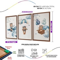 Conjunto de 3 Quadros Decorativos Infantis Urso Aviador Azul - Moldura Marrom para Quarto de Bebê - imagem 4