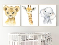 Quadros Decorativos Safari Aquarela - Kit com Vidro e Madeira para Ambientes Modernos - imagem 1