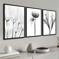 Kit 3 Quadros Decorativos Flores Preto e Branco com Moldura - Folhagem Moderna para Sala e Quarto - imagem 1