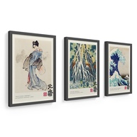 Kit 3 Quadros 18x24 cm Katsushika Hokusai - Moldura em Madeira e Vidro - Arte Japonesa Clássica - imagem 1