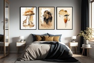 Kit 3 Quadros Animais da África Moderno - Decoração Elegante para Sala e Quarto (60x40cm, Preto) - imagem 1