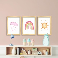 Quadros Nuvem, Arco-Íris e Sol - Decoração Infantil para Quarto de Menina - imagem 1