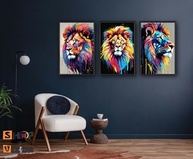 Quadros Decorativos Leão e Tigre Coloridos - Kit 3 Peças 60x40cm - Design Luxo para Sala e Quarto - imagem 3