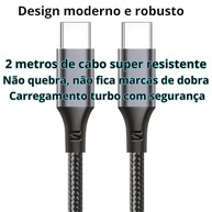 Cabo USB-C 2m Turbo 60W Ultra Rápido: Nylon Trançado, Reforçado para Android, iPhone, Notebook e Tablet - Preto Premium - imagem 3