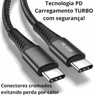 Cabo USB-C 2m Turbo 60W Ultra Rápido: Nylon Trançado, Reforçado para Android, iPhone, Notebook e Tablet - Preto Premium - imagem 5