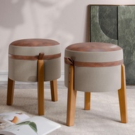 Kit Puff Redondo Decorativo em Courino com Pés de Madeira - 2 Unidades Bege - imagem 1