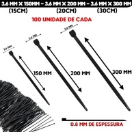 Kit 300 Unidades Cinta Abraçadeira Nylon 15cm, 20cm, 30cm x 3,6mm - Preta Reforçada e Proteção UV - imagem 3