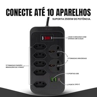 Régua de Energia 5 Tomadas Universais + 3 USB (Tipo C) - 2 Metros 2500W - imagem 5