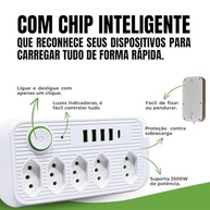 Régua de Energia 5 Tomadas + 4 USB + 1 Tipo-C: Carregamento Rápido e Seguro para Todos Seus Dispositivos - imagem 5