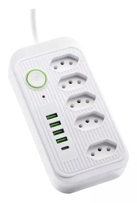 Régua de Energia Inteligente: 5 Tomadas, 4 USB + 1 Tipo-C, Cabo 2m, 2500W - imagem 1