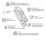 Régua de Energia Inteligente: 4 Tomadas, USB-C, USB e Tomada Universal com Cabo de 2m - imagem 3