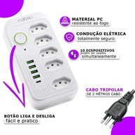 Régua de Energia Inteligente com 5 Tomadas e 4 USB - Bivolt 2m (Branco) - imagem 2