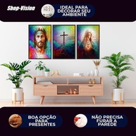 Quadro Decorativo Religioso Jesus Cristo Maria Cruz Sagrada - Kit 3 Peças 50x30cm - imagem 5