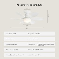 Ventilador de Teto 20" com Luz LED Ajustável, Silencioso 30dB, Bivolt, Controle Remoto e Temporizador - imagem 4