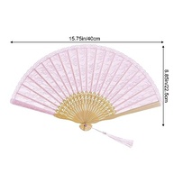 Ventilador Dobrável de Renda Rosa com Bambu - Estilo Chinês para Festas e Decoração - imagem 4