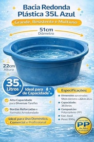 Bacia Redonda 35L Azul em Polipropileno Resistente - Multiuso para Limpeza e Organização - imagem 4