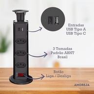 Torre Extensora Retrátil AMOREJA: 3 Tomadas + USB-C | Organize e Carregue! - imagem 4